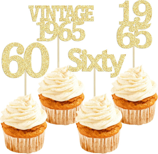 Gyufise 24Pcs 60th Birthday Cupcake Toppers Cheers to 60 Fabulous Sixty Cupcake Picks Vintage 1965 Decorations for 60th Birthday Wedding Anniversary Party Cake Decorations Supplies Gold