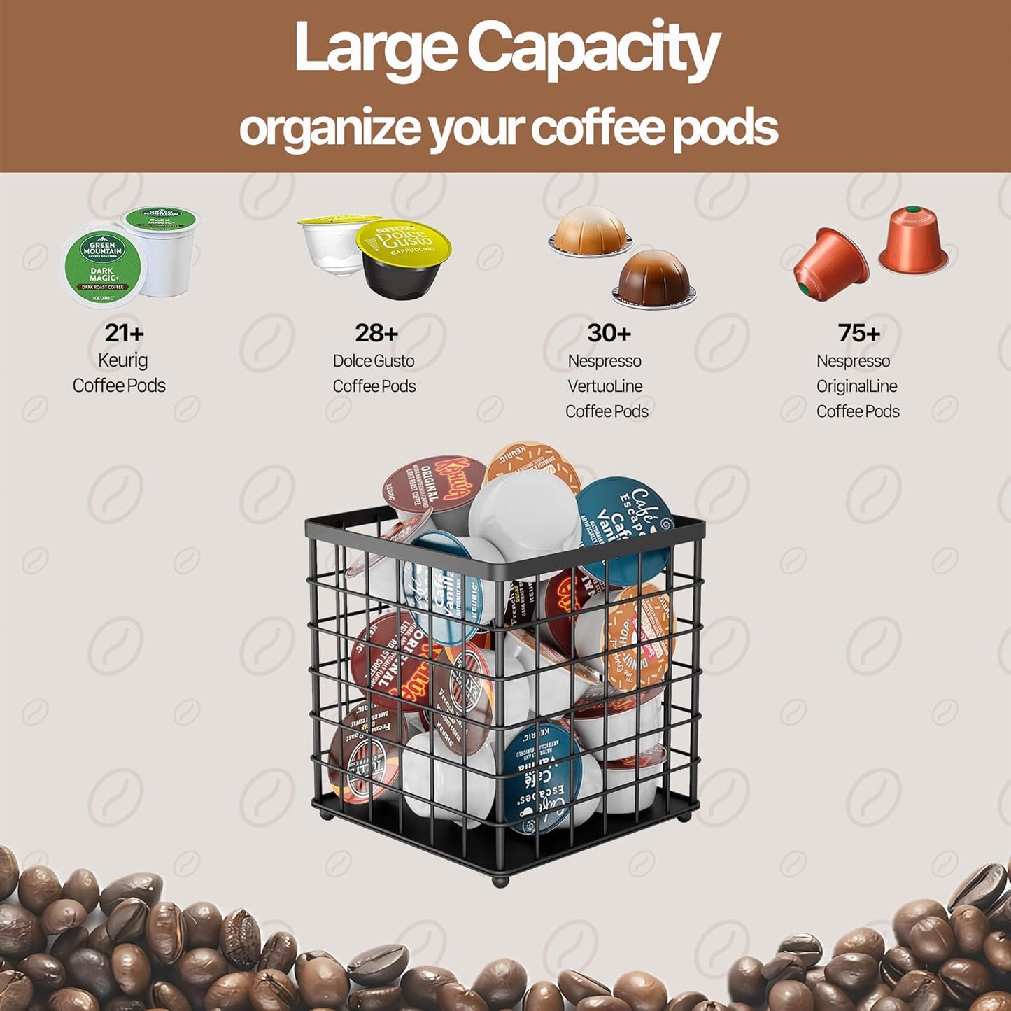 Coffee Pod Holder Organizer, K Cup Holder for Counter K pod Container, Creamer Holder, Coffee Bar Accessories Basket Black