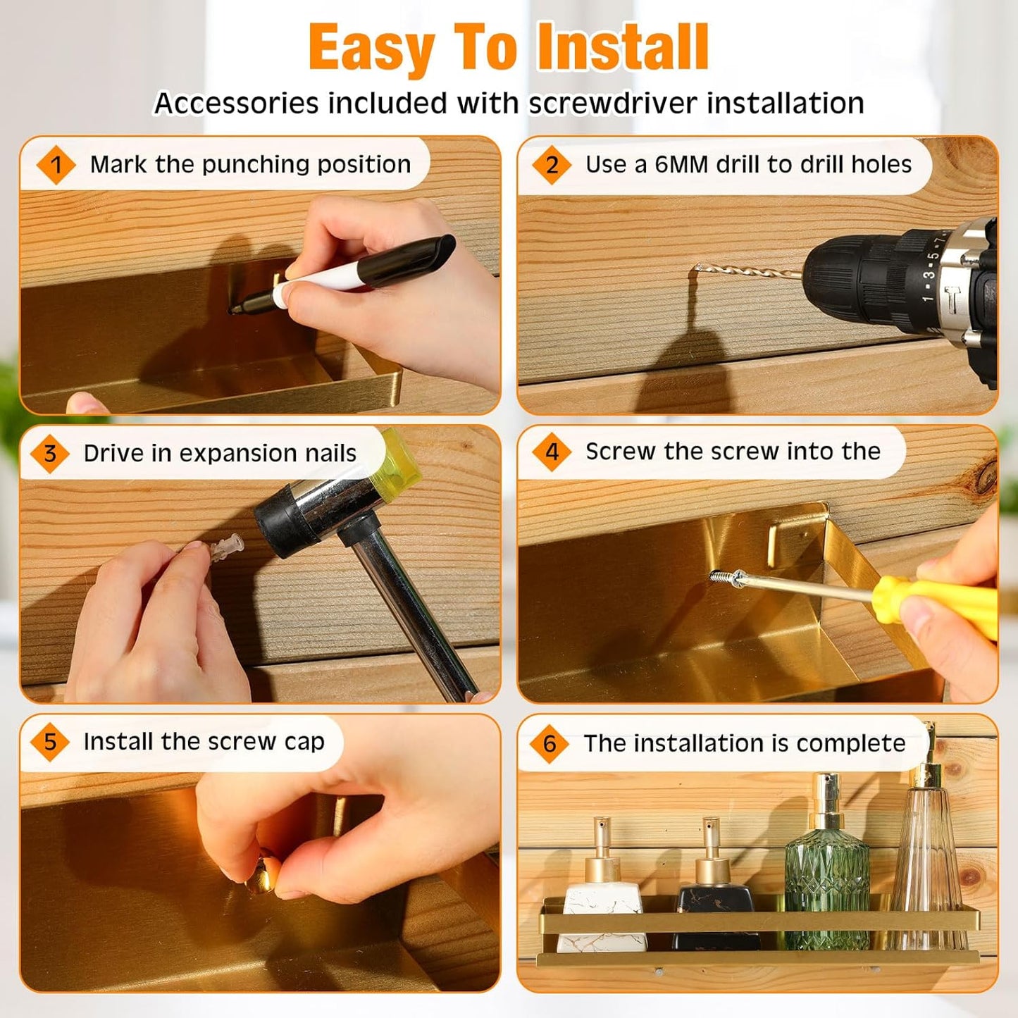 Lallisa 2 Pieces Stainless Steel Shelf Bathroom Shower Floating Shelves Wall Mounted Shower Caddy Basket Shelf Storage Organizer Shelves for Bathroom, Kitchen, Living Room (15.75 Inch/ 40 cm,Gold)