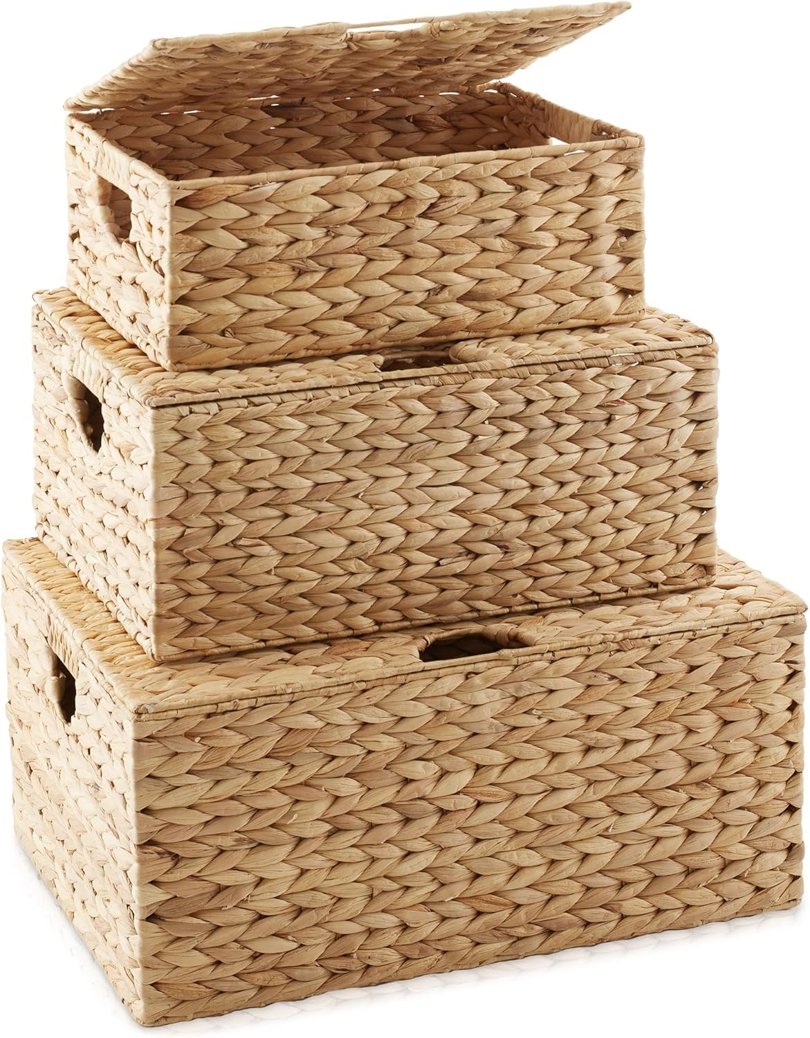 Casafield Set of 3 Water Hyacinth Rectangular Storage Baskets with Lids (Natural - Small/Medium/Large) for Bedroom, Bathroom, Laundry, Home Office