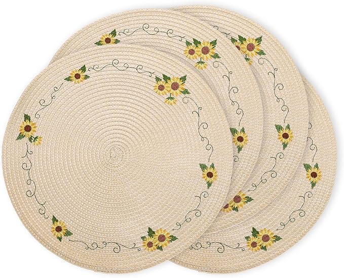 Whaline 4Pcs Round Sunflower Placemats Spring Summer Flower Embroidered Place Mats Floral Dinner Table Mats for Home Holiday Birthday Baby Shower Party Decor
