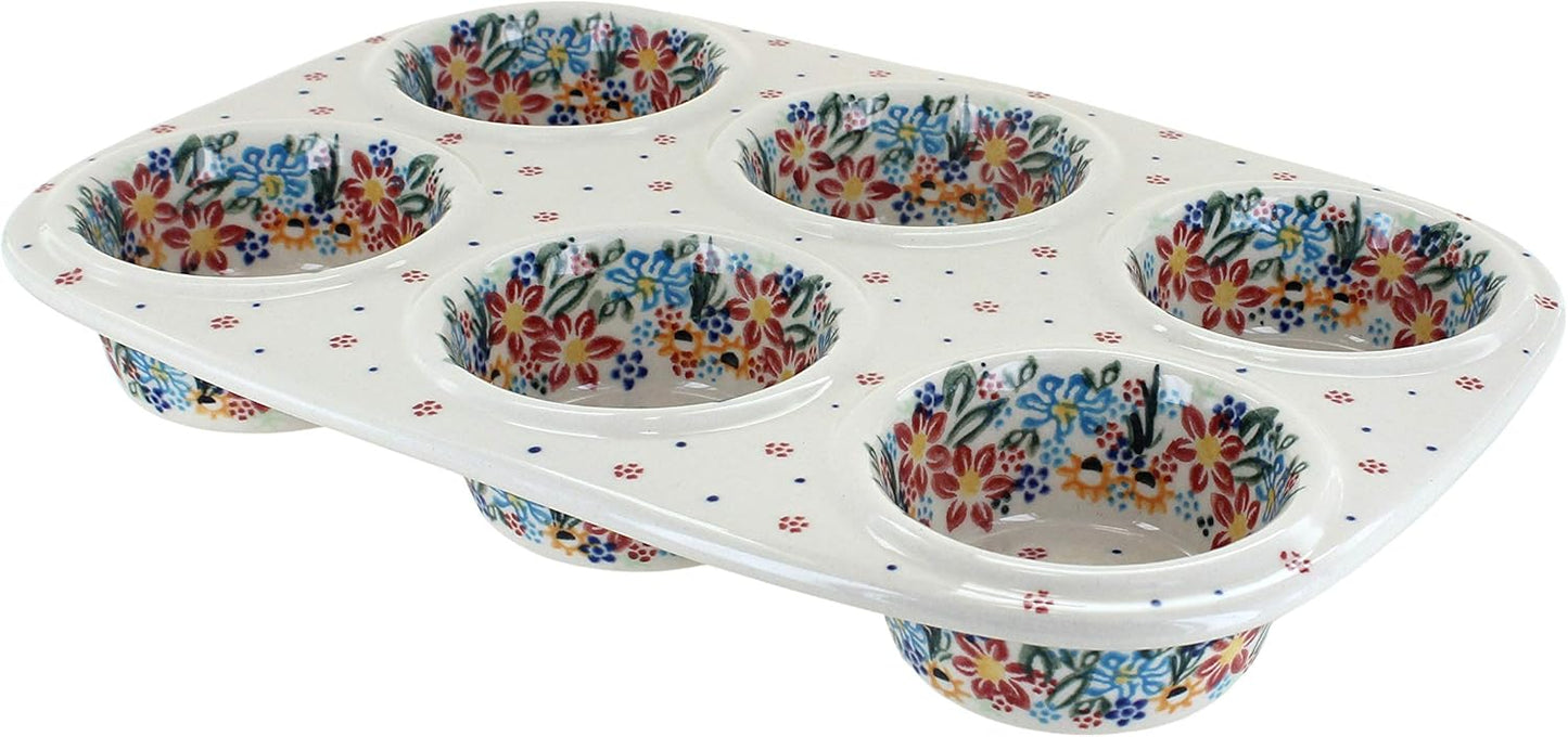 Blue Rose Polish Pottery - Blue Tara Muffin Pan - 12" x 8" - Ceramic Baking Dish, 6-Cup Muffin & Cupcake Pan