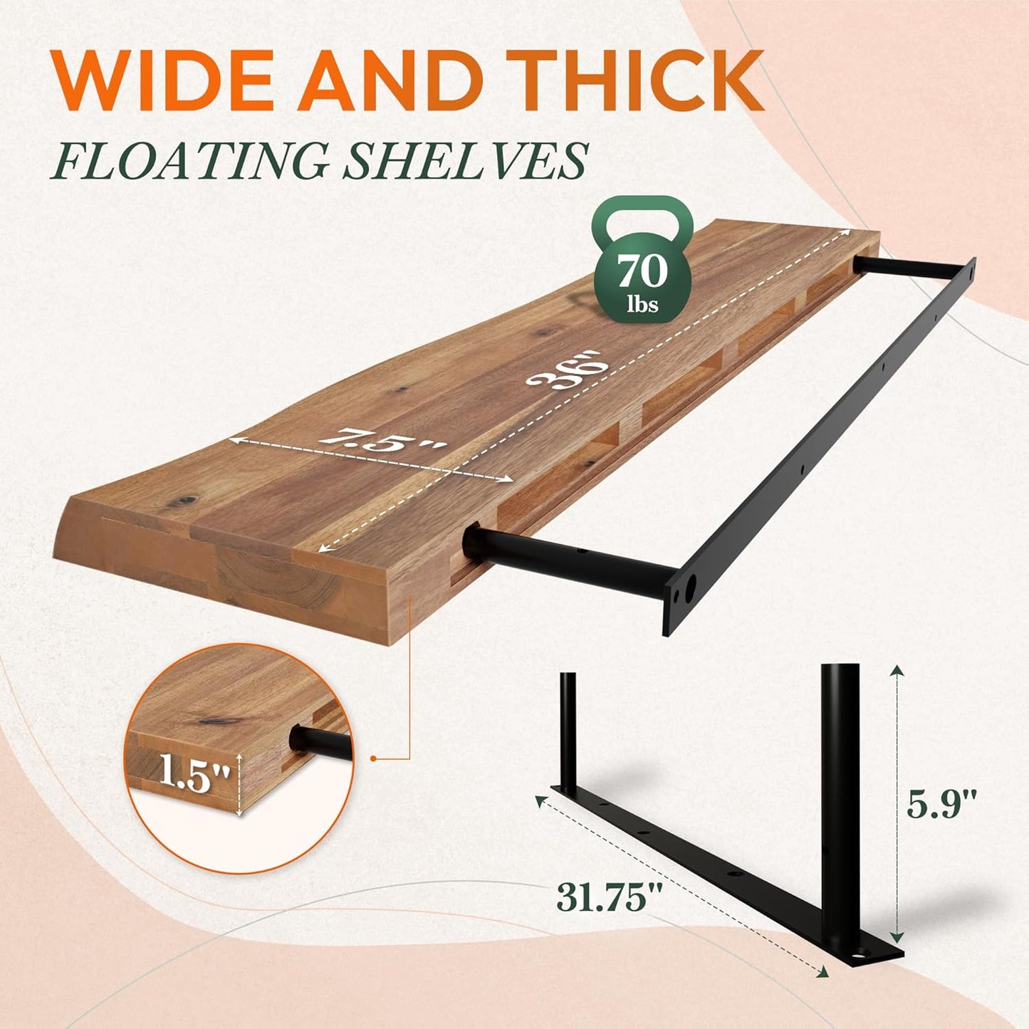 36" Acacia Live Edge Floating Shelves Set of 2 - Wall Mounted Wooden Shelf for Stylish Home Décor - Teak Look Color 36x7.5x1.5 Inches