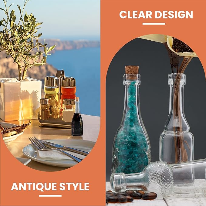 Small Mini Clear Vintage Glass Bottles with Corks, Mini Vases, Decorative, Potion, Assorted Design Set of 12 pcs, 4.6 Inch Tall (11.43cm), 1.4 Inch Wide (3.56cm)