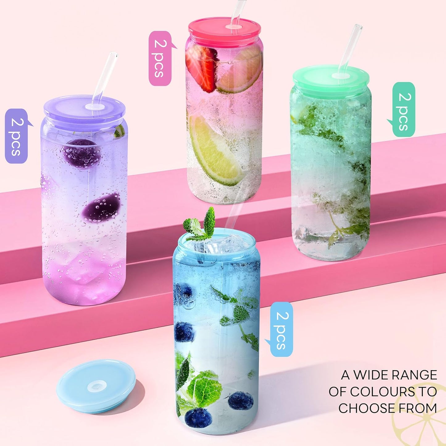 Joyclub 20oz Glass Cups with Acrylic Lids and Straws 8 Set Can Shaped Glass Iced Coffee Cups with Lids, Gradient Drinking Glasses Cute Tumbler Cup Great for Smoothie Soda Boba Tea Cocktail Beer Gift