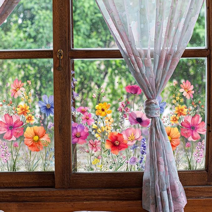 Colorful Flower Garden Window Clings, Wildflower Grass Lily Peony Poppy Floral Window Decals