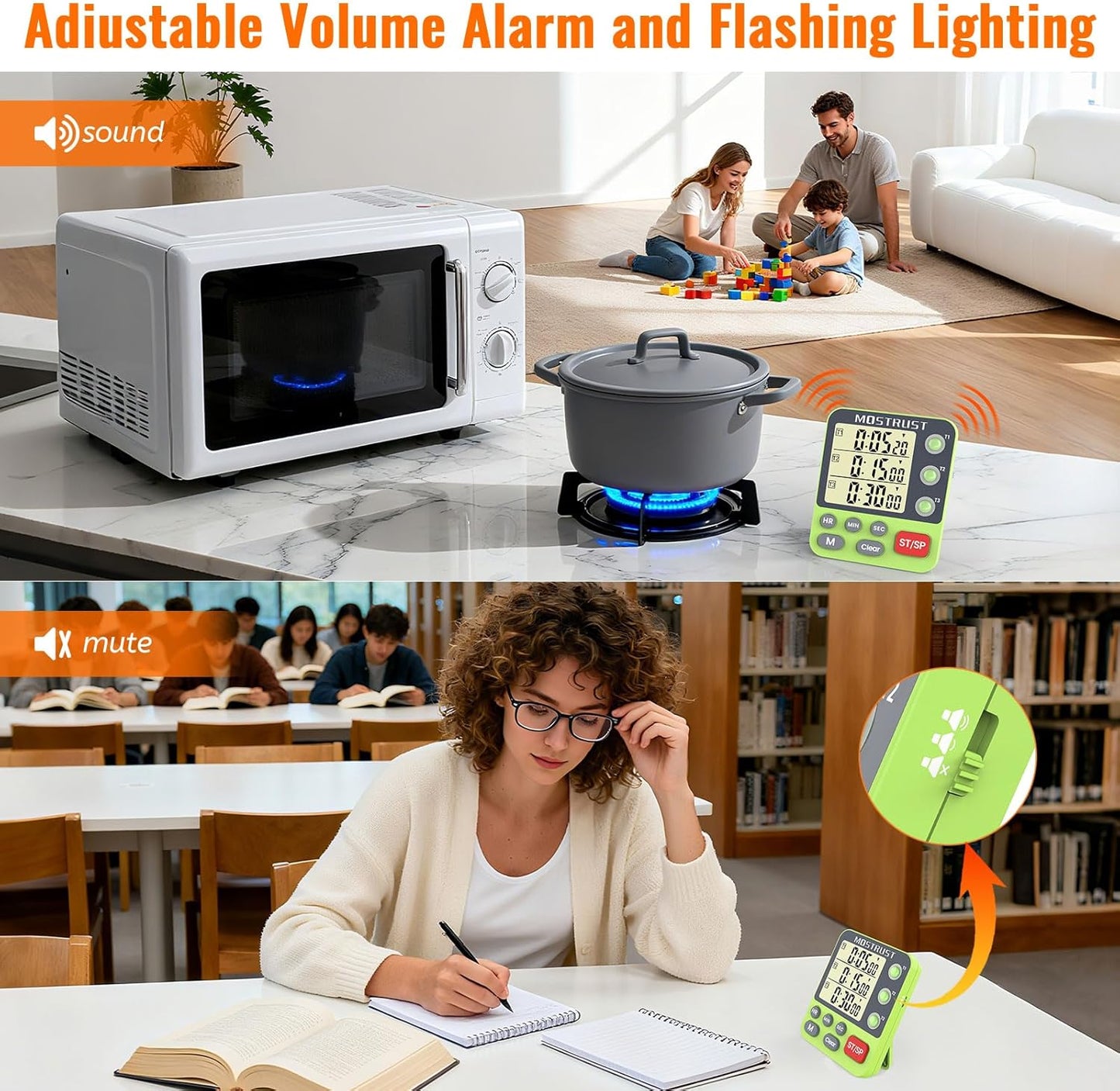 Digital Dual Kitchen Timer, 3 Channels Countdown Triple Timer for Cooking, Magnetic Memory-Preset Large-Display Adjustable Alarm Volume, Multi Times Management, 3A Battery Included, Green