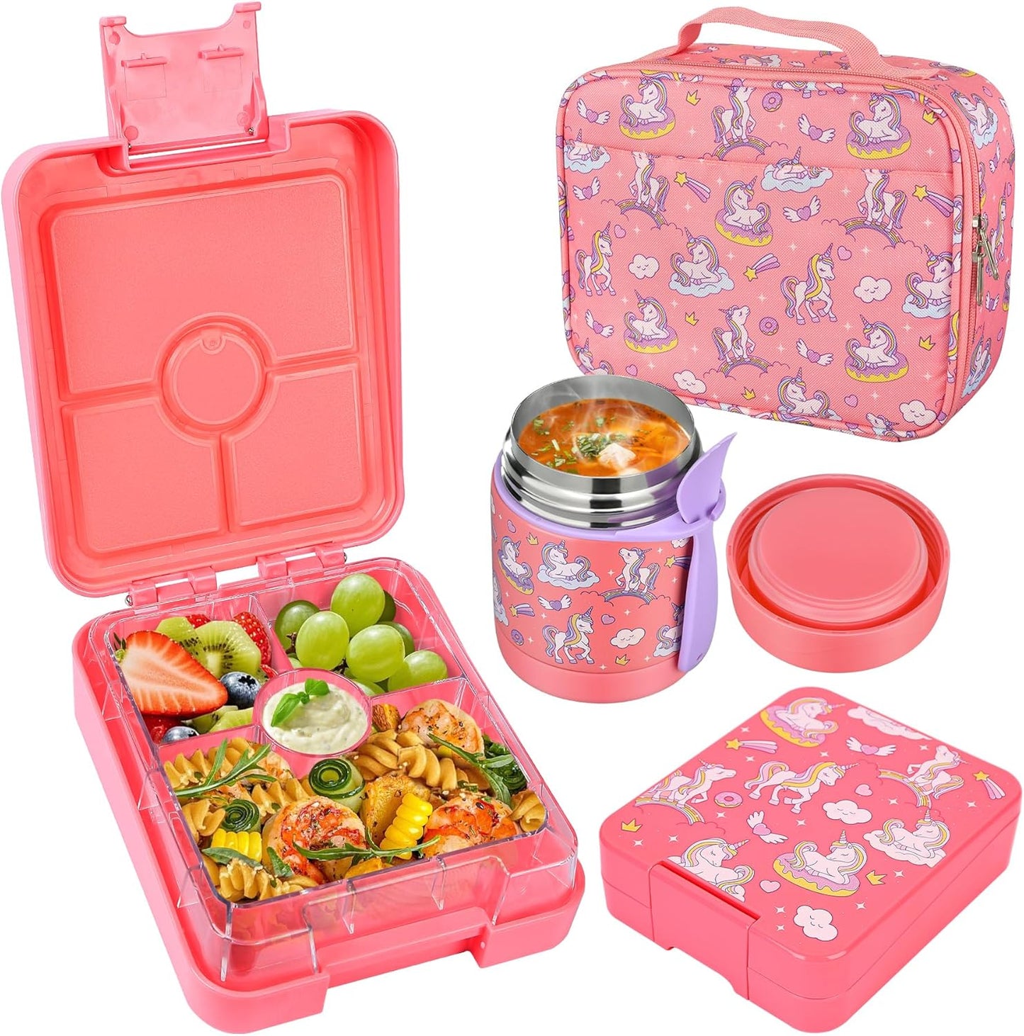 Bento Lunch Box Set With 10oz Soup Thermo, Leak-proof Lunch Containers with 4 Compartment, Kids Hot Thermo Food Jar/Insulation Lunch Bag, Food Containers for School