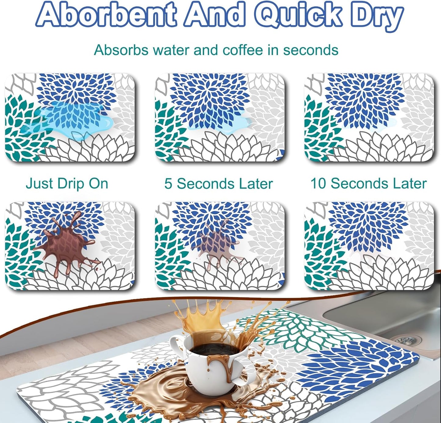 Dish Drying Mat 16" X 24", Super Absorbent & Cuttable Coffee Mats for Countertop, Kitchen Counter Mat Fits Under Coffee Maker or Machine, Hide Stain Drying Pad for Dish Drying Rack, Outlined Floral