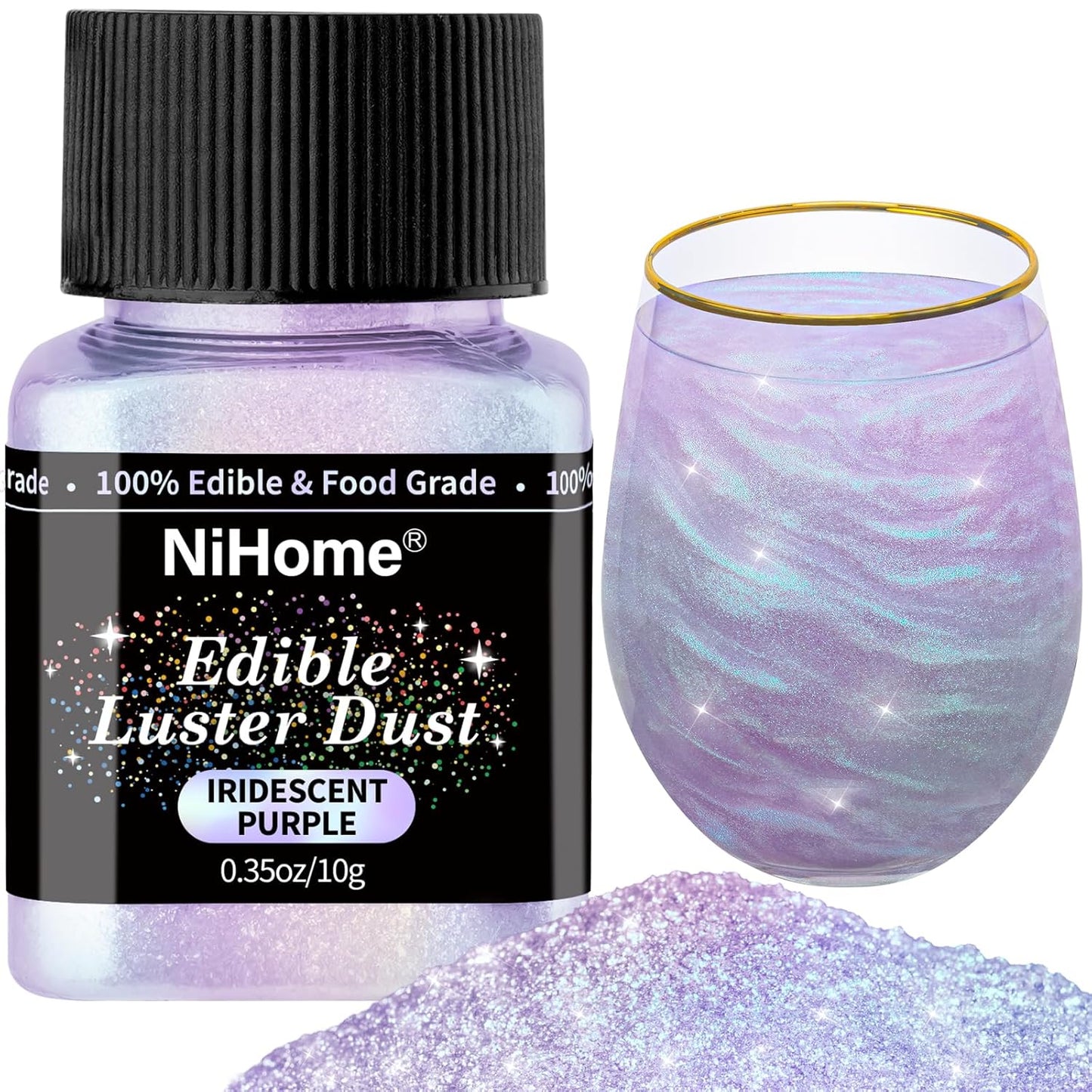NiHome Edible Food-Grade Glitter Powder Glimmer Luster Dust Metallic Fancy Food Decorating Sprinkle Glimmery Dust for Drink Beverage Cake Bakery Vegan Allergen-Free (Iridescent Purple, 0.35oz/10g)