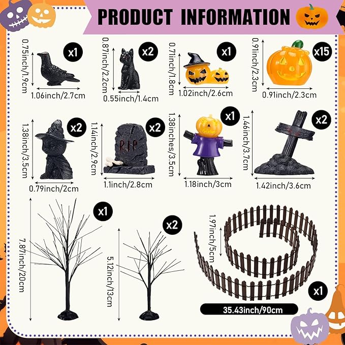 Wesiti 30 Pcs Halloween Village Accessories Set Miniature Halloween Figurines Village Trees Cat Pumpkin Tombstones Figurine Horror Miniature Accessories for Garden Decor