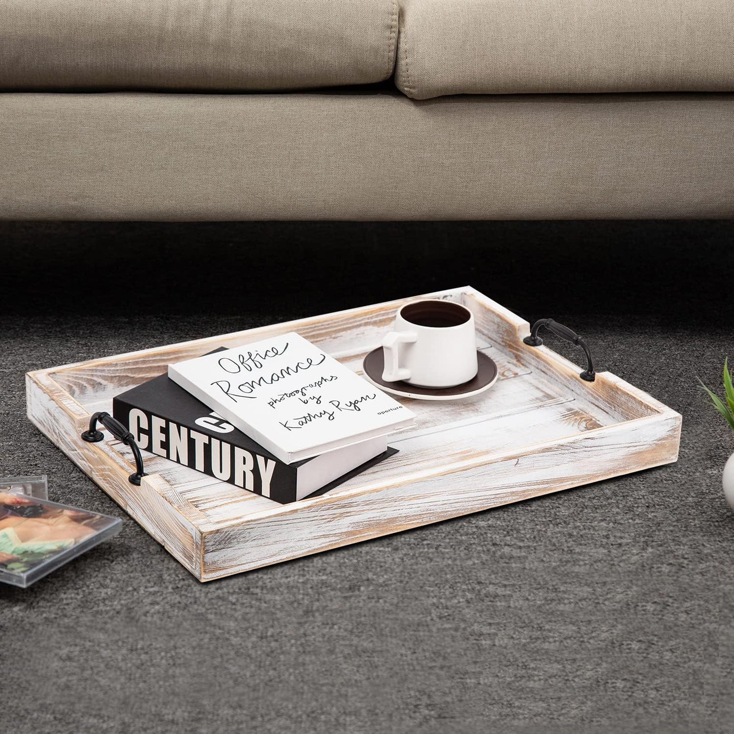 Rustic Vintage Big Wood Food Breakfast Serving Trays with Cutout Metal Handles(20 Inches) Large Nesting Board Decorative Serving Trays Platter in Bed, Ottoman, Coffee Table, BBQ, Party(Washed White