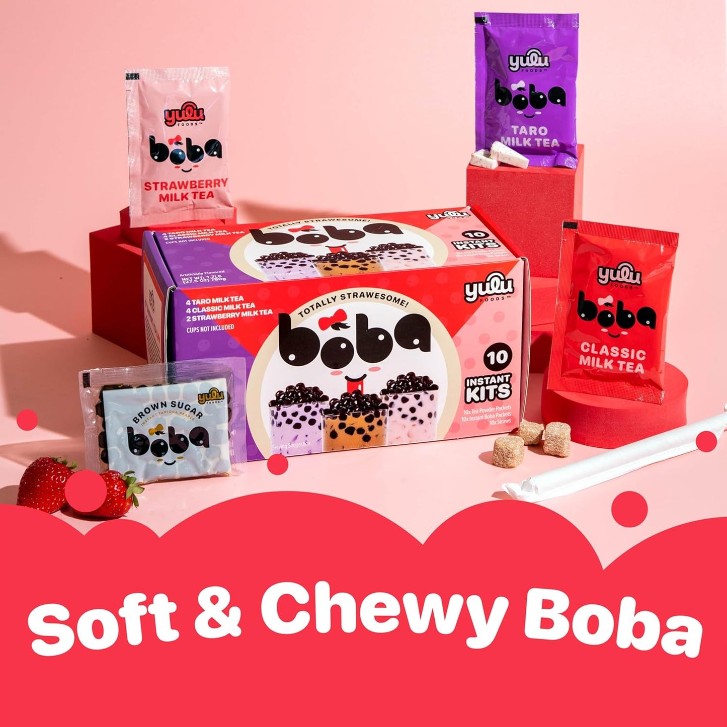 Boba Bundle Kit 10 Serv. Instant Bubble Pearl Variety Milk Tea Kit with Authentic Brown Sugar Tapioca Pearls by Yulu Foods - Ready in Under 1 Minute, Includes Paper Straws - Gift Box, Holiday (Classic, Taro and Strawberry)