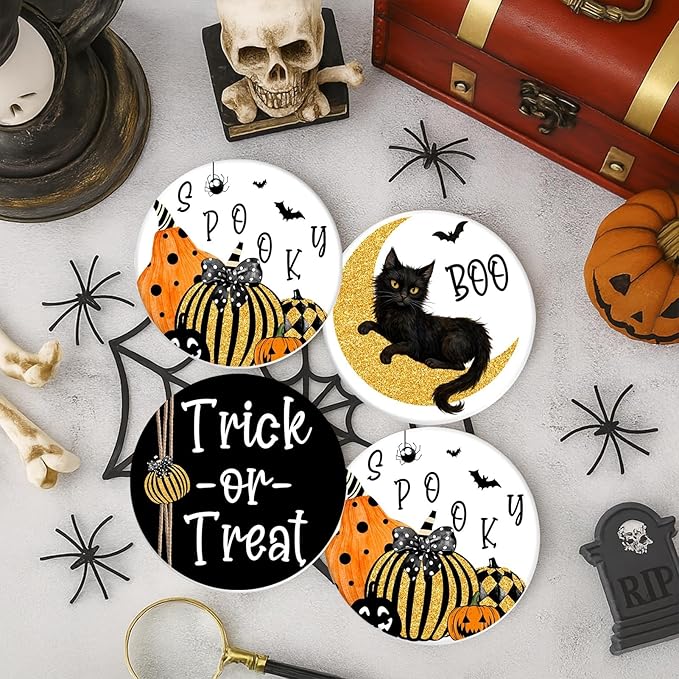 Coaster for Drinks Set of 6, Halloween Boo Black Cat Trick or Treat Spooky Pumpkin Bat Absorbent Round Ceramic Stone Mat, with Cork Base and Metal Holder, Gift for Housewarming Room Bar Decor