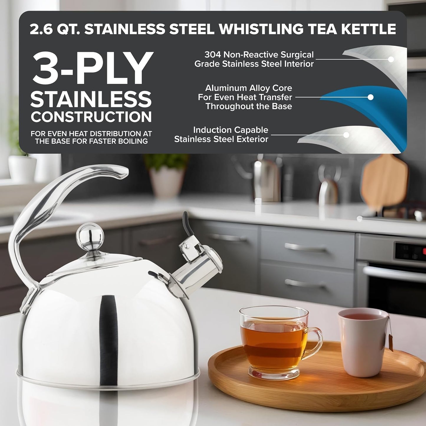 Viking 3-Ply Stainless Steel Tea Kettle, 2.6 Quart Stovetop Hot Water Pot with Tempered Glass Lid, Ergonomic Handle, Induction Ready, Mirror Finish