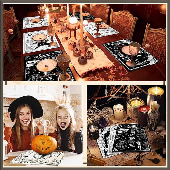 Umigy 6 Pcs Halloween Placemats 12"x18" Gothic Bat Placemats Kitchen Decoration Washable Witch Place Mats Rectangle Skull Table Mats for Halloween Dining Table Accessories(Black White Character Style)