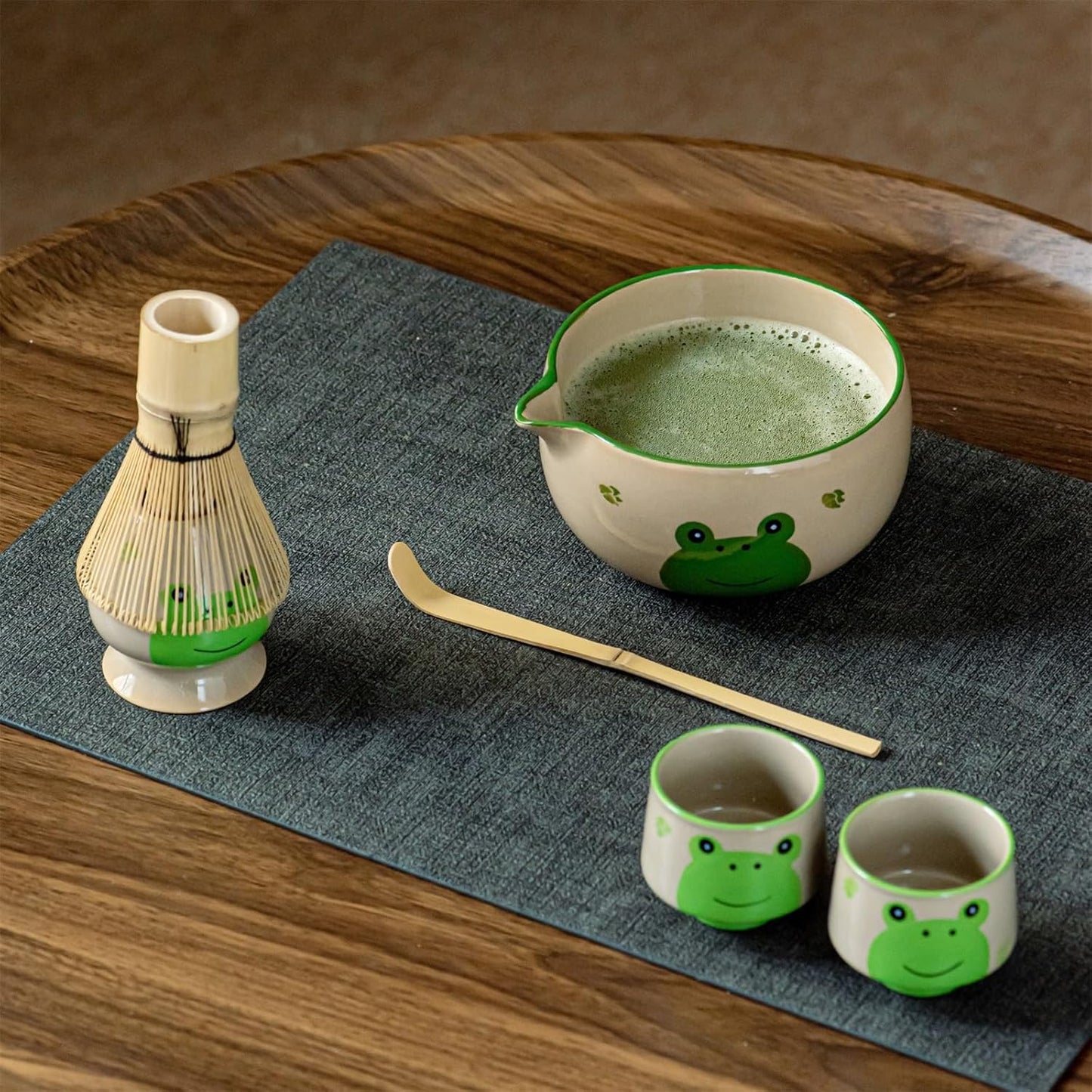Frog Matcha Whisk Set, Cute Ceramic Matcha Kit with Hand-Painted Bowl with Spout, 2 Cups, Bamboo Whisk, Holder & Scoop, for Tea lovers and Gift Giving