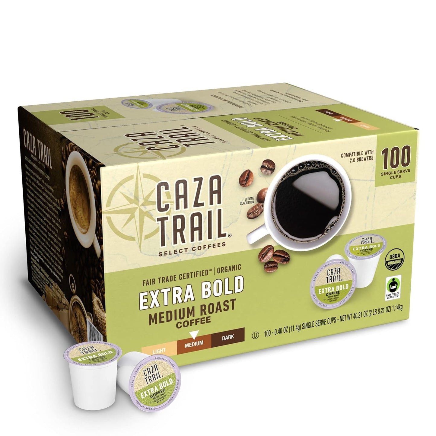 Caza Trail Coffee, Organic Extra Bold Medium Roast, 100 Single Serve Cups
