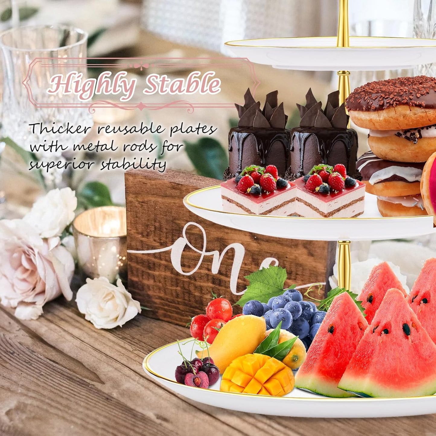 PinCute 5 Pcs Dessert Table Display Set - 2 X Cupcake Stand Holder/Cup Cake Tier Tower & 3 X Serving Tray Combo for Tea Party, Birthday, Baby Shower (Round)