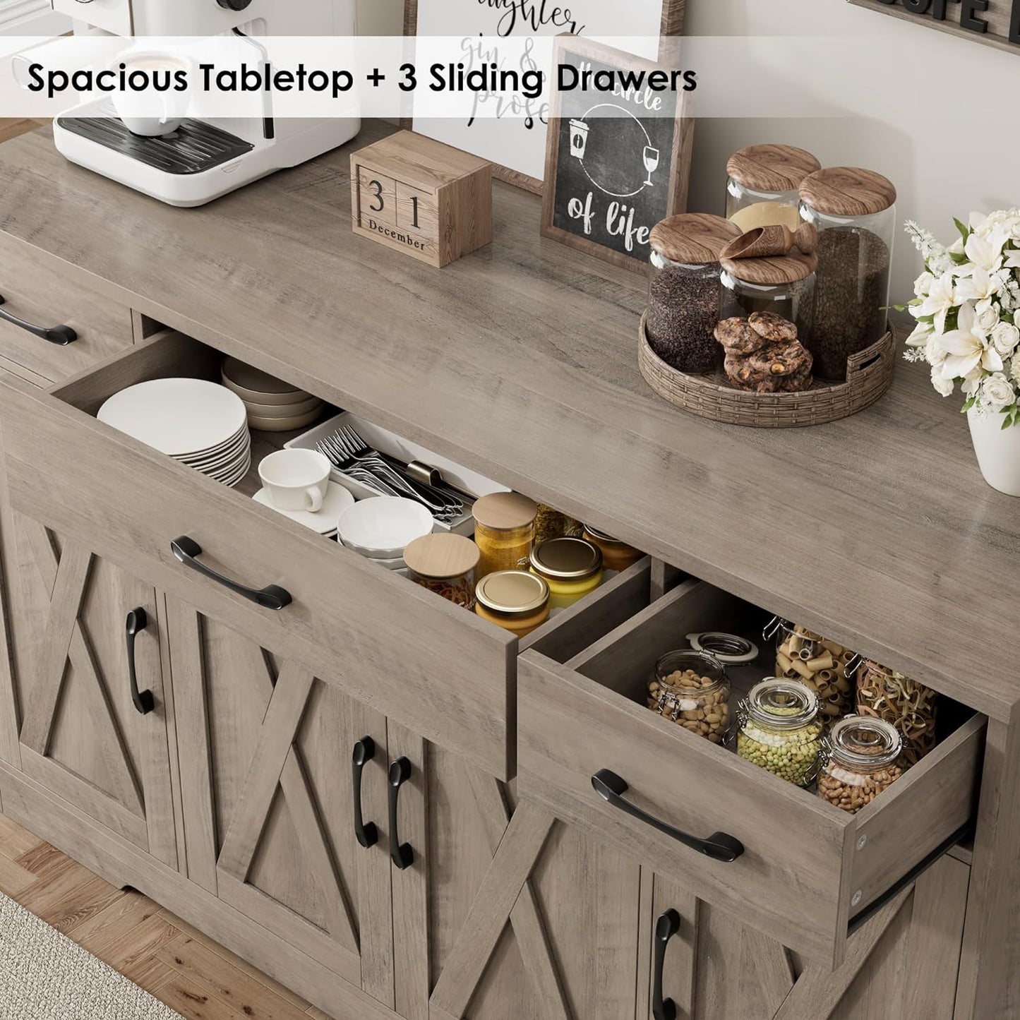 HOSTACK Buffet Sideboard Cabinet with Drawers, 55" Large Buffet Storage Cabinet with Shelves and Doors, Modern Farmhouse Coffee Bar Station for Kitchen, Dining Room, Ash Grey