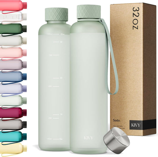 KIVY Slim Water Bottle 32oz [Lightweight & Shatterproof] Fits Backpack & Cupholder for Travel, Sports, School, Gym - Sage green water bottle no straw - Gym water bottle screw top - Dishwasher Safe