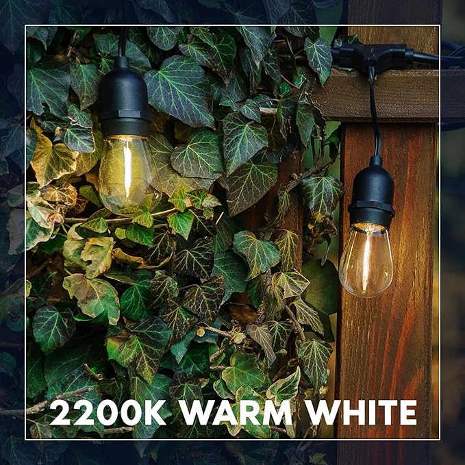 LUXRITE 24FT LED Outdoor String Lights, Commercial Grade Waterproof, 12 Edison S14 Shatterproof Bulbs, IP65, Decorative Hanging for Patio, Backyard, Garden, Cafe, Balcony
