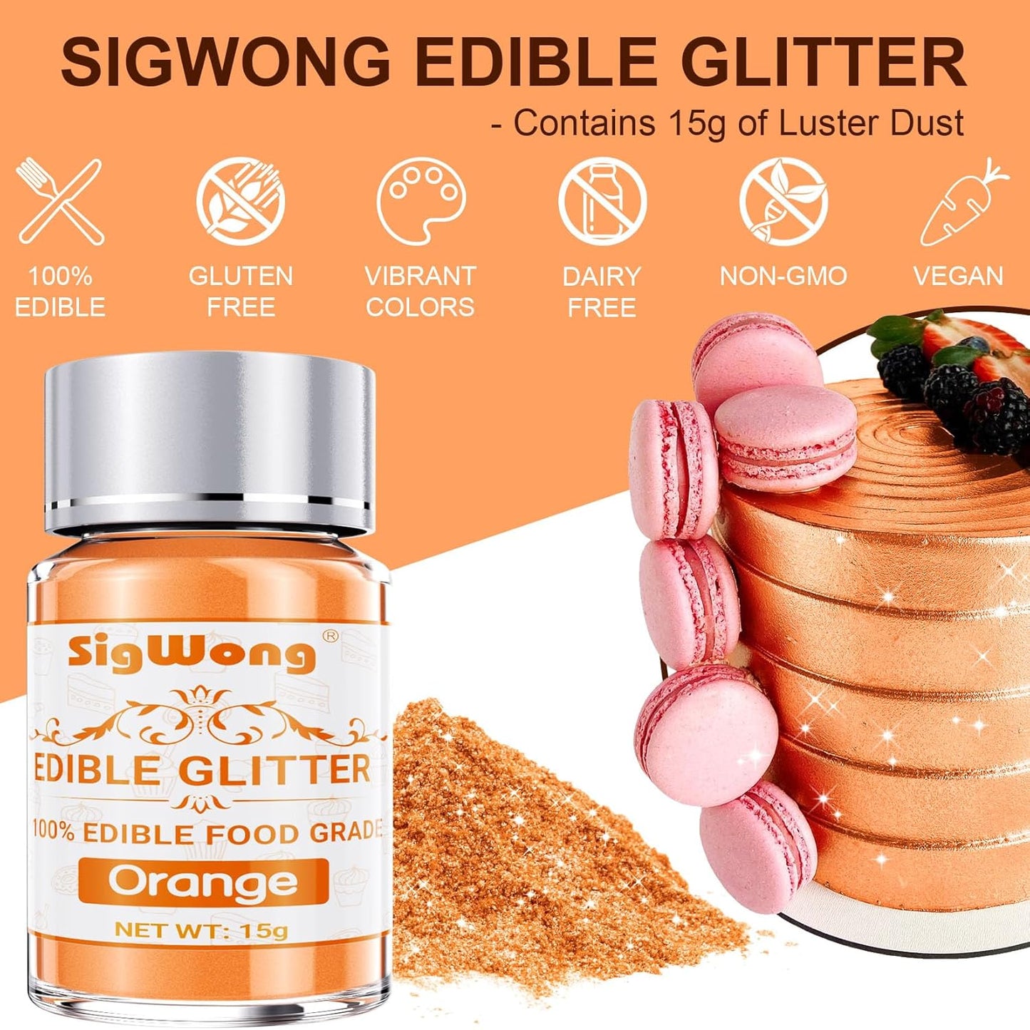 Orange Edible Glitter - 15g Food Grade Luster Dust Powder, Cake Decorating Sprinkle Glimmery Dust for Drinks, Wine, Fondant, Chocolate, Candy, Cookie, Vegan