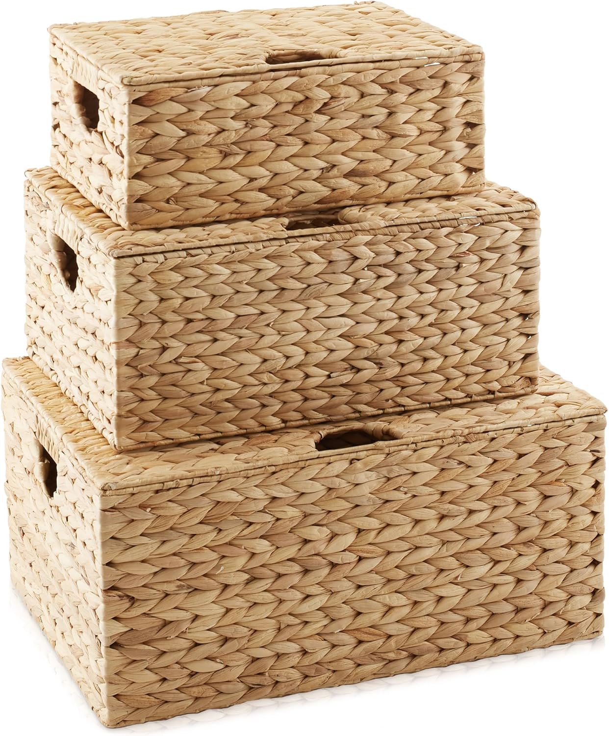 Casafield Set of 3 Water Hyacinth Rectangular Storage Baskets with Lids (Natural - Small/Medium/Large) for Bedroom, Bathroom, Laundry, Home Office