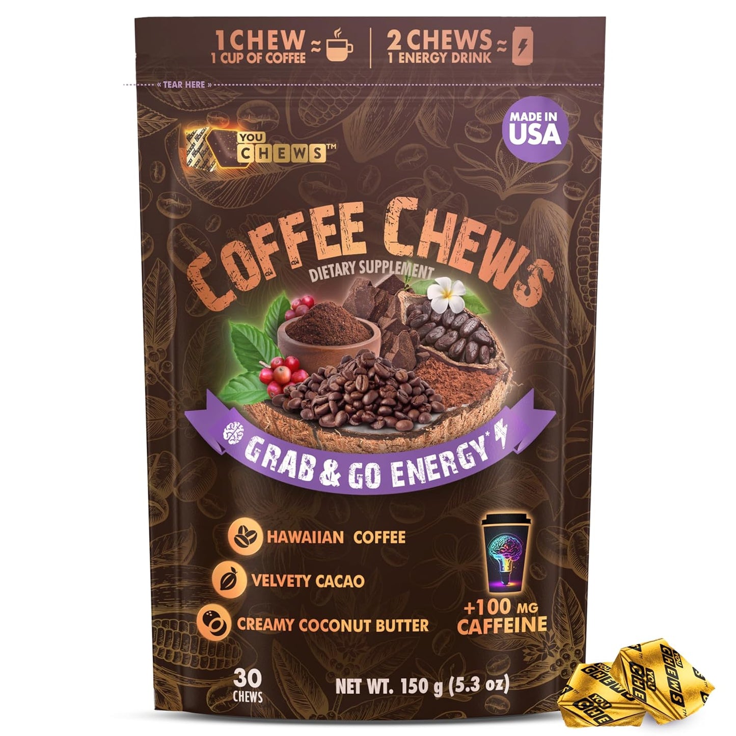 YouChews Coffee Chews - Grab & Go Energy with 100mg per Chew of Clean, Green Caffeine. With Real Organic Ingredients, Low Sugar, Great Bold Taste & Long Lasting Energy Boost (30 Chews Pack)