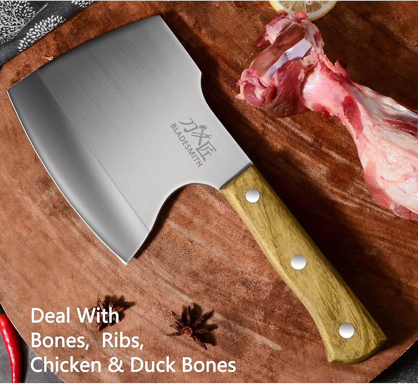 BLADESMITH Meat Cleaver Butcher Axe Bone Chopper Heavy Duty - 6.3'' Bone Cutting Knife Bone Breaker, Stainless Steel Thicken Blade & Pear Wood Handle, Slaughterhouse Looks Manly,2025 Gifts
