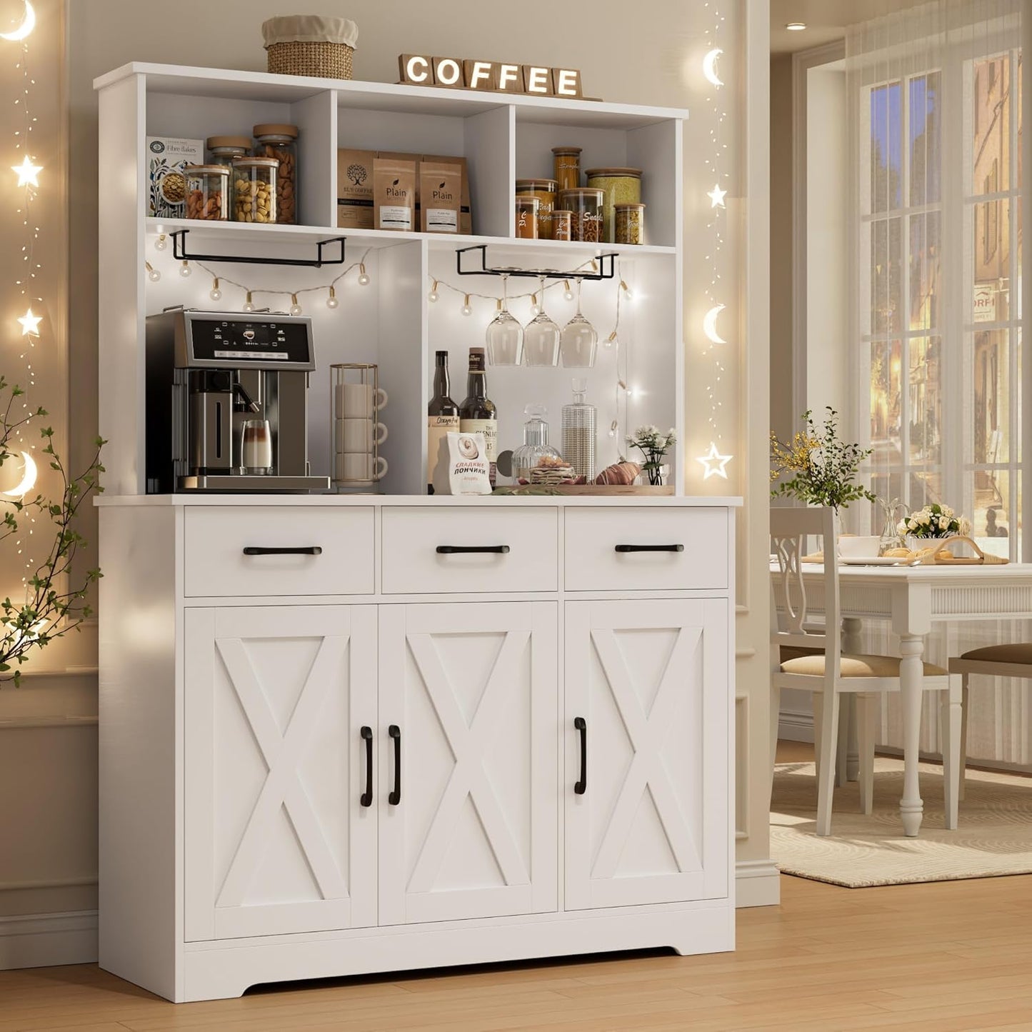 HOSTACK Buffet Cabinet with Hutch, Modern Farmhouse Kitchen Buffet Sideboard Storage with 3 Drawers, Barn Door Coffee Bar Station, Liquor Cabinet for Dining Room, Living Room, White