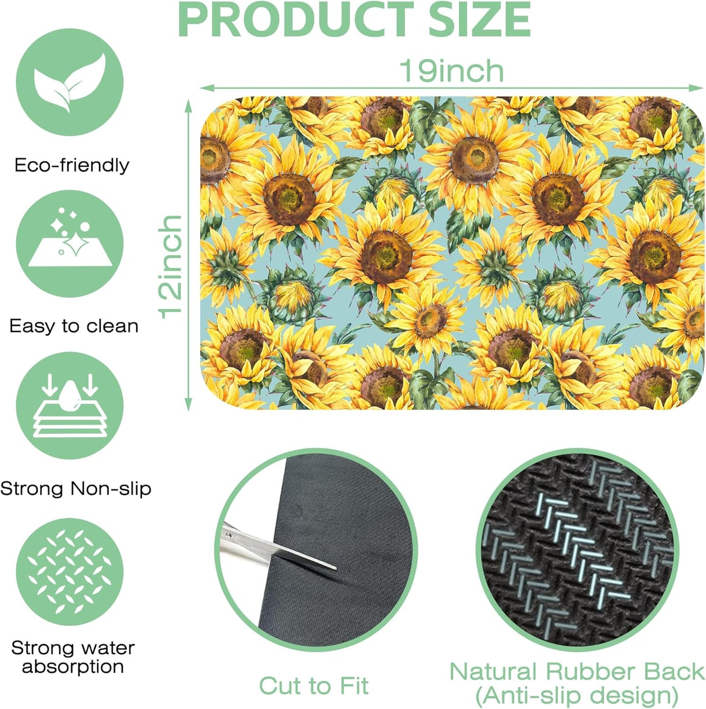 Dish Drying Mat Watercolor Rustic Sunflower Dish Drying Pad,12"X19" Bsorbent Coffee Mat for Sink Dishes or Under Rack Kitchen Counter Accessories Absorbent Hide Stain Rubber Backed Drying Mat