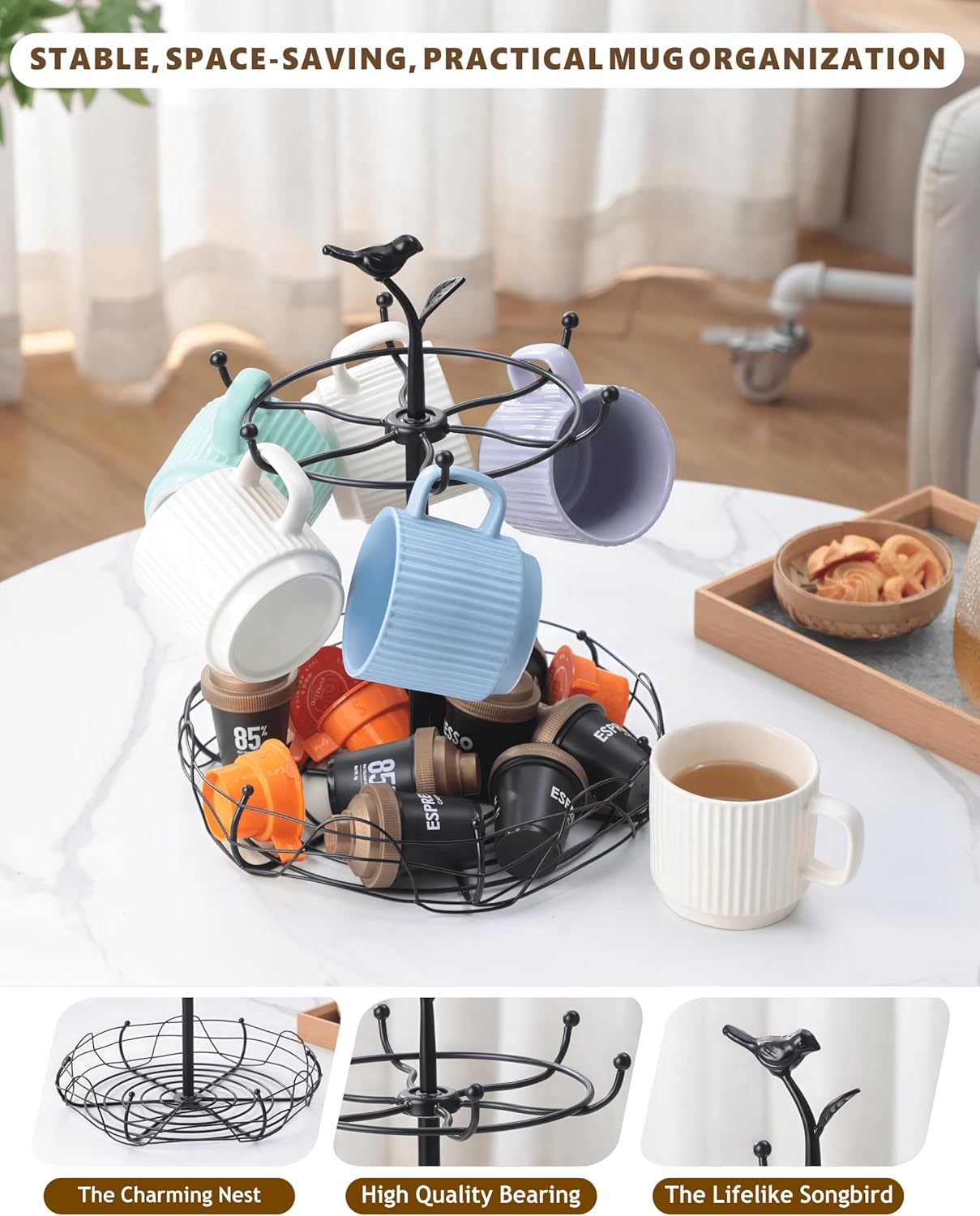 Rotating Mug Tree for Countertop | Decorative Bird & Nest Mug Holder with Storage Basket | Holds 6 Mugs & Pods | 360° Spinning Coffee Cup Rack for Kitchen, Coffee Bar Accessories & Home Décor