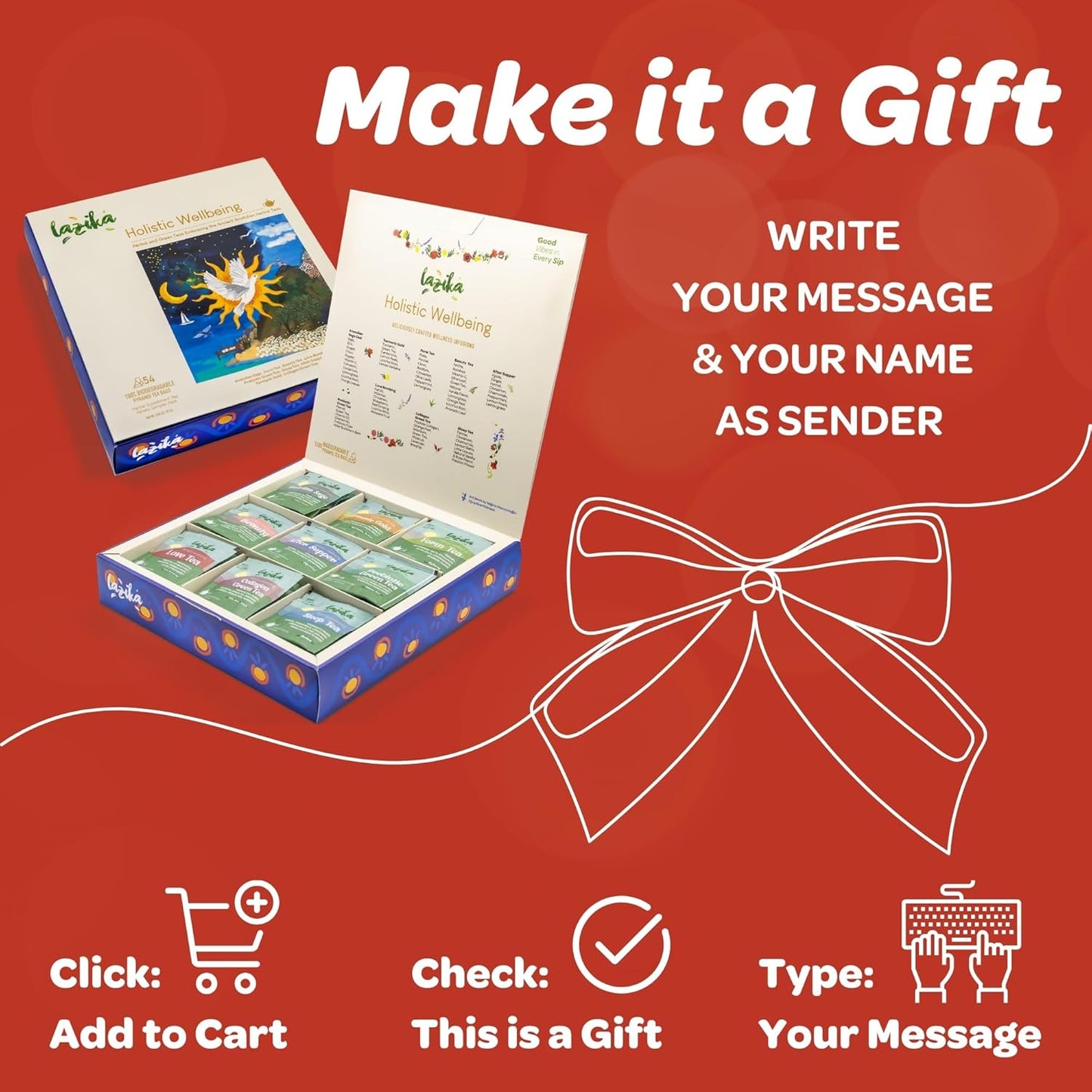 Lazika Herbal Tea Variety Pack with Lovely Presentation Box, 54 Counts, Holistic Wellbeing Tea Assortment Gift Set, Premium Collection with Pyramid Infuser Bag, Handcrafted