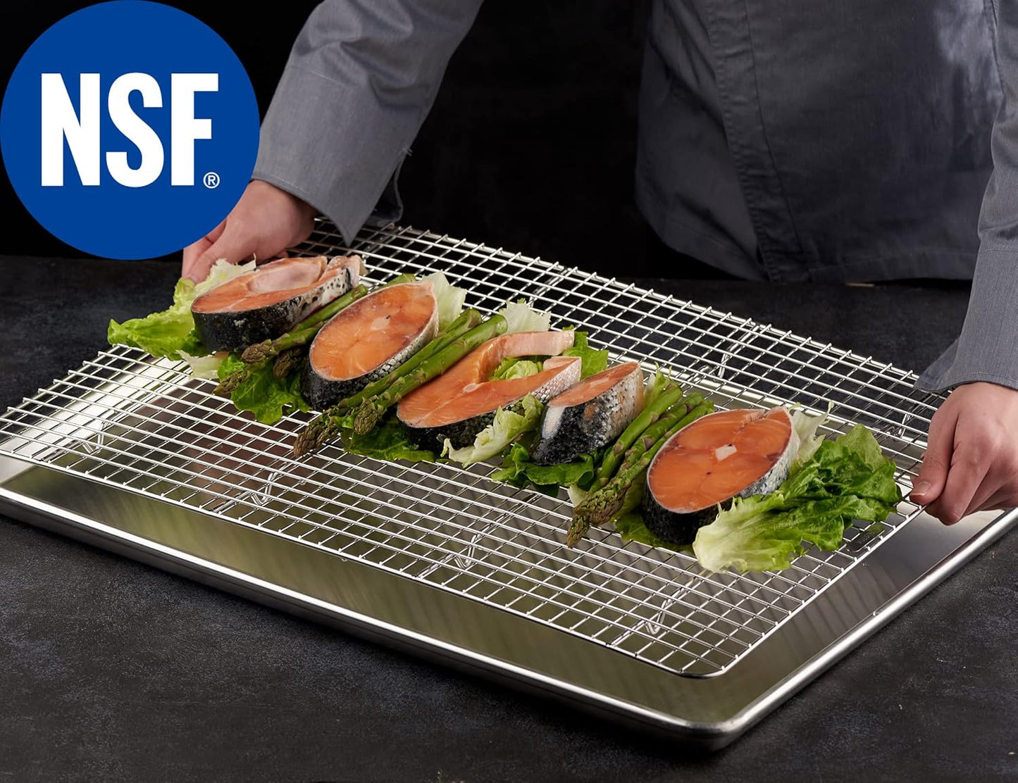 CURTA 2 Pack 16.8" X 24.4" Chef Cooling Rack,NSF Listed 18/8 Stainless Steel Oven Safe Grid Wire Cookie Cooling Racks for Baking & Cooking - Commercial Grade comes with Lifting Handl