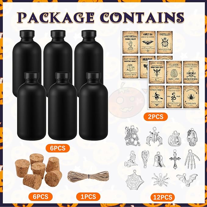 Uiifan 31 Pcs Halloween Potion Bottles Set Including Glass Apothecary Bottles with Cork Stickers and Pendants Halloween Decorations Indoor Party Supplies (Black,8.5 oz)