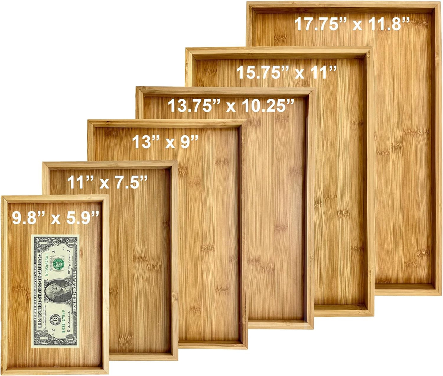 Bam & Boo (2-Pack) Natural Bamboo Rectangle Serving & Vanity Tray - for Kitchen, Bathroom, Countertop, Coffee Table (13.75" x 10.25" x 1.2")