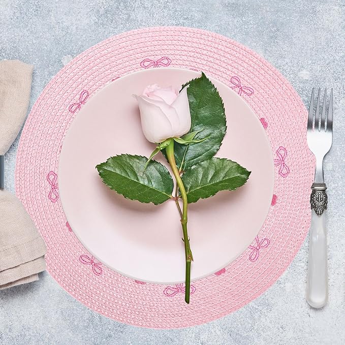 Whaline 4Pcs Round Placemats Pink Bow Embroidered Place Mats Coquette Bow Dinner Table Mats for Home Wedding Baby Shower Birthday Party Decor