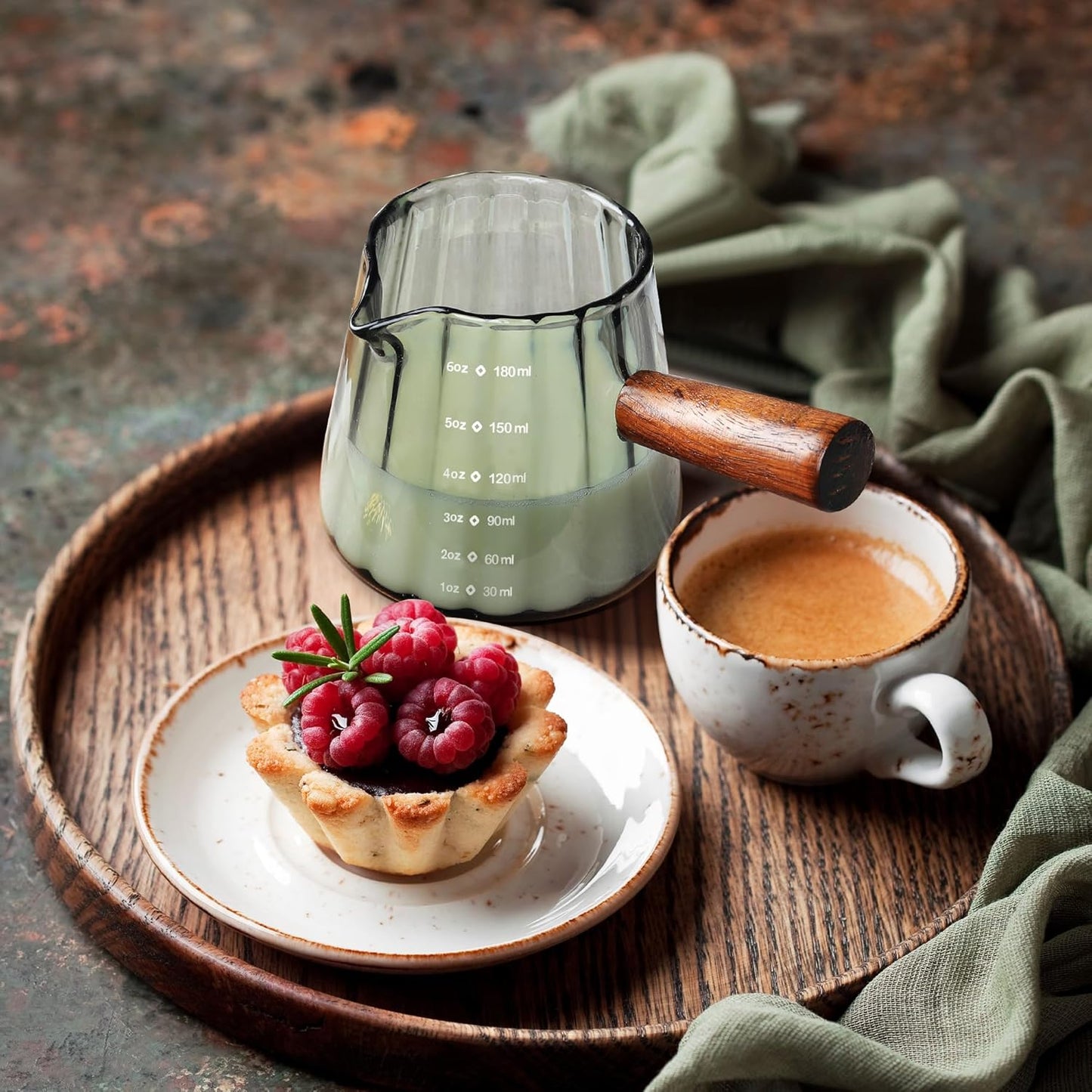 Joeyan 6 oz Grey Glass Measuring Cups with Spout,Borosilicate Glass Triple Pitcher with Scale,Origami Style Espresso Shot Glasses with Wood Handle for Coffee Milk,Dishwasher Safe