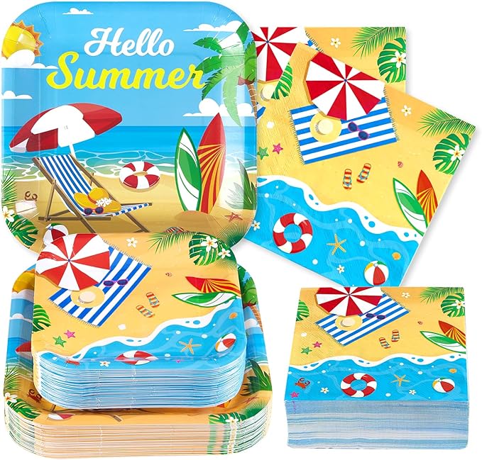 Grencian 200Pcs Beach Party Supplies Hello Summer Party Plates and Napkins Disposable Summer Pool Paper Tableware Set for Hawaiian Beach Pool Birthday Baby Showe Decorations, Serves 50
