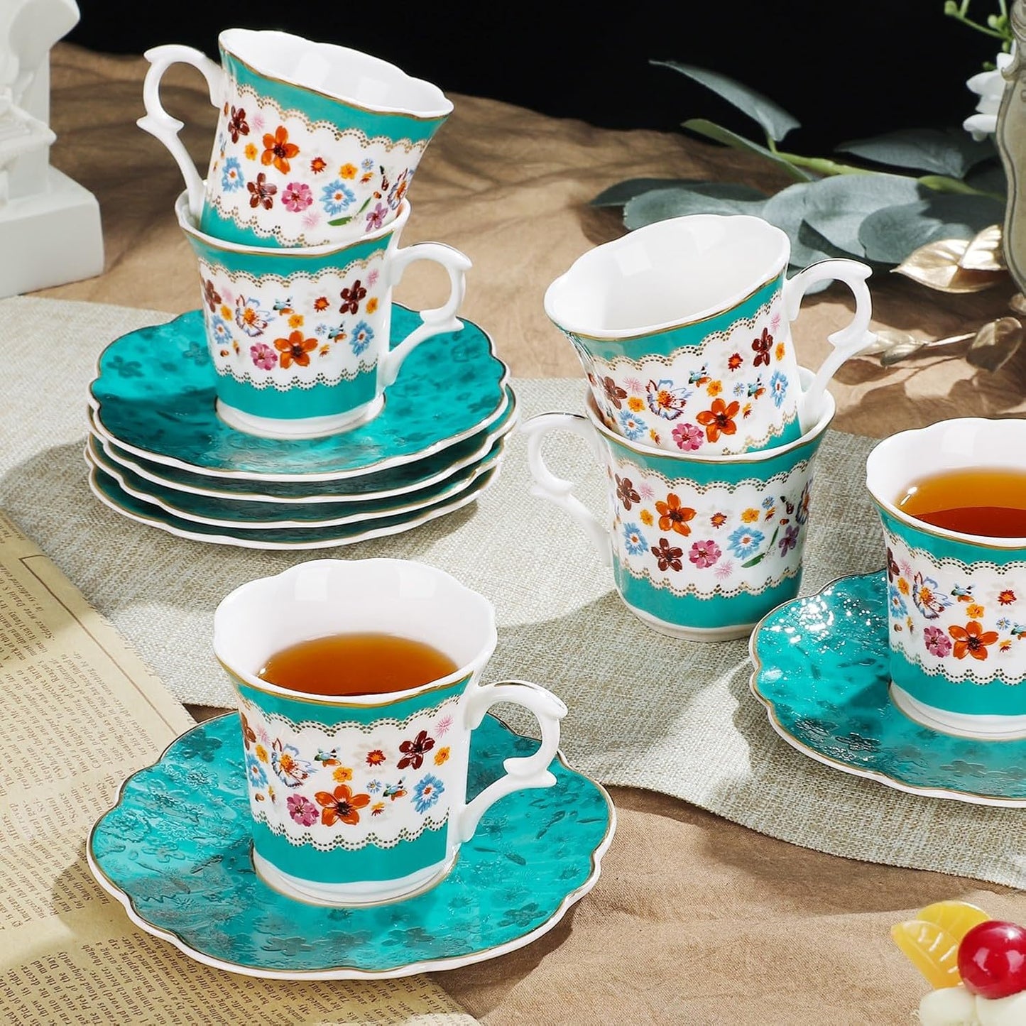 fanquare 2.5 Ounce Vintage Espresso Cups Set of 6, 12 Pieces Ceramic Demitasse Cup and Saucers, Green and Flower Pattern Espresso Mugs for Coffee Bar Home