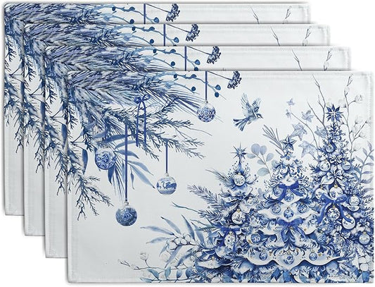 Blue and White Christmas Tree Placemats Set of 4, 12x18 Inch Chinoiserie Xmas Place Mats Winter Holiday Washable Linen Table Mats for Party Kitchen Dining Outdoor Indoor Decor