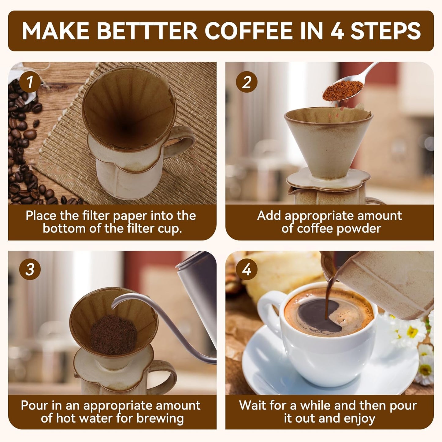 AZYM Pour Over Coffee Maker Set,V60 Coffee Dripper with 20 Count Paper Coffee Filters,Four-Leaf Clover-Shaped Drip Coffee Maker,Vintage Ceramic Carafe,for Home Brewing,Camping,17.5 oz (Yellow)