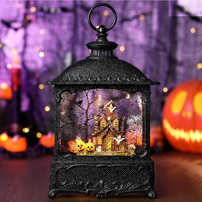 Halloween Snow Globe Lantern Haunted House Pumpkin Ghost Tree Crow Rip Dancing Bats with Timer, USB and Battery Powered 12 inch