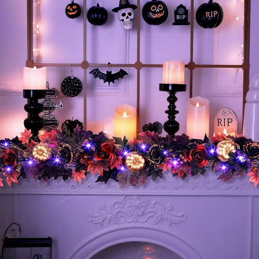 SHareconn 2 Pcs 6FT Halloween Garland with Purple Lights Battery Operated and Timer, Pre-Lit Black Red Maple Leaves Lighted Garland Decorations for Fireplace Mantle Centerpiece Indoor Outdoor Decor