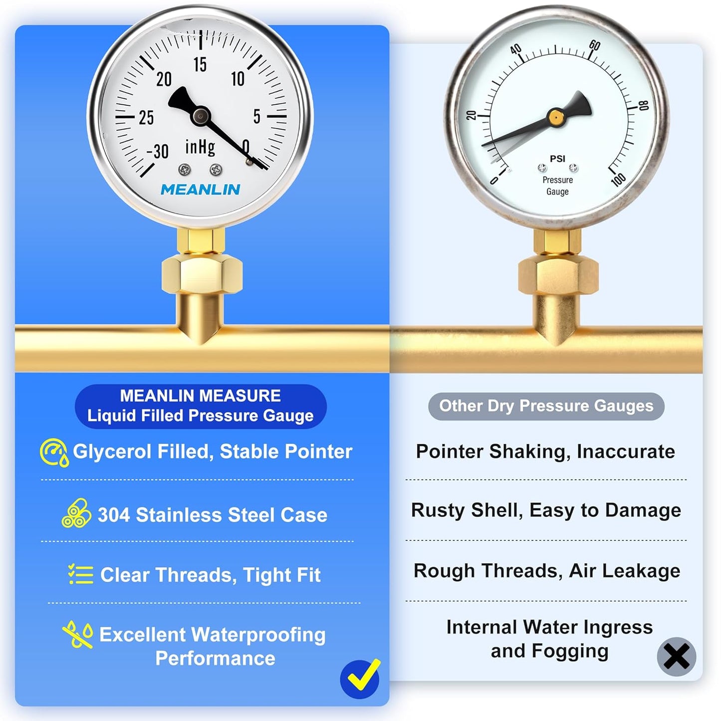 MEANLIN MEASURE -30~0Psi Stainless Steel 1/4" NPT 2.5" FACE DIAL,Vacuum Liquid Filled Pressure Gauge,Single Scale, WOG Water Oil Air Lower Mount, with 1/4" x 1/2" NPT and 1/4" x 3/8" NPT Hex Bushing