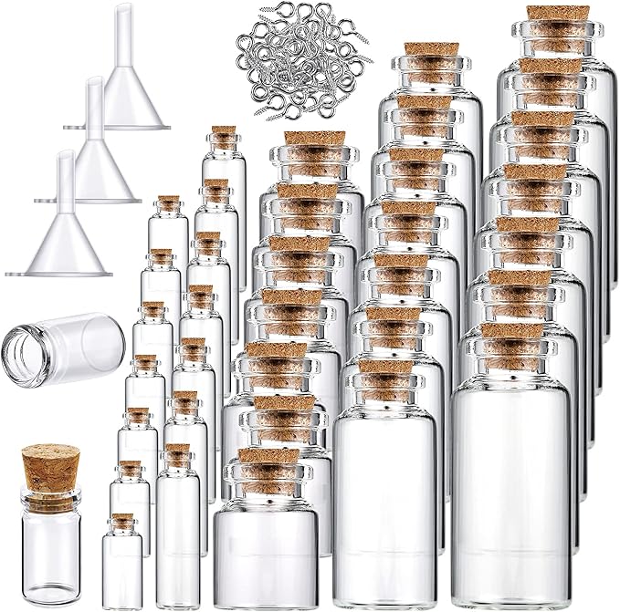 Geiserailie 45 Pcs Mini Glass Bottles with Cork Stoppers Spell Jar Clear Wishing Jars with 50 Eye Screws 3 Funnels for Wedding Party Favors DIY Art Crafts Decoration, 5 Sizes