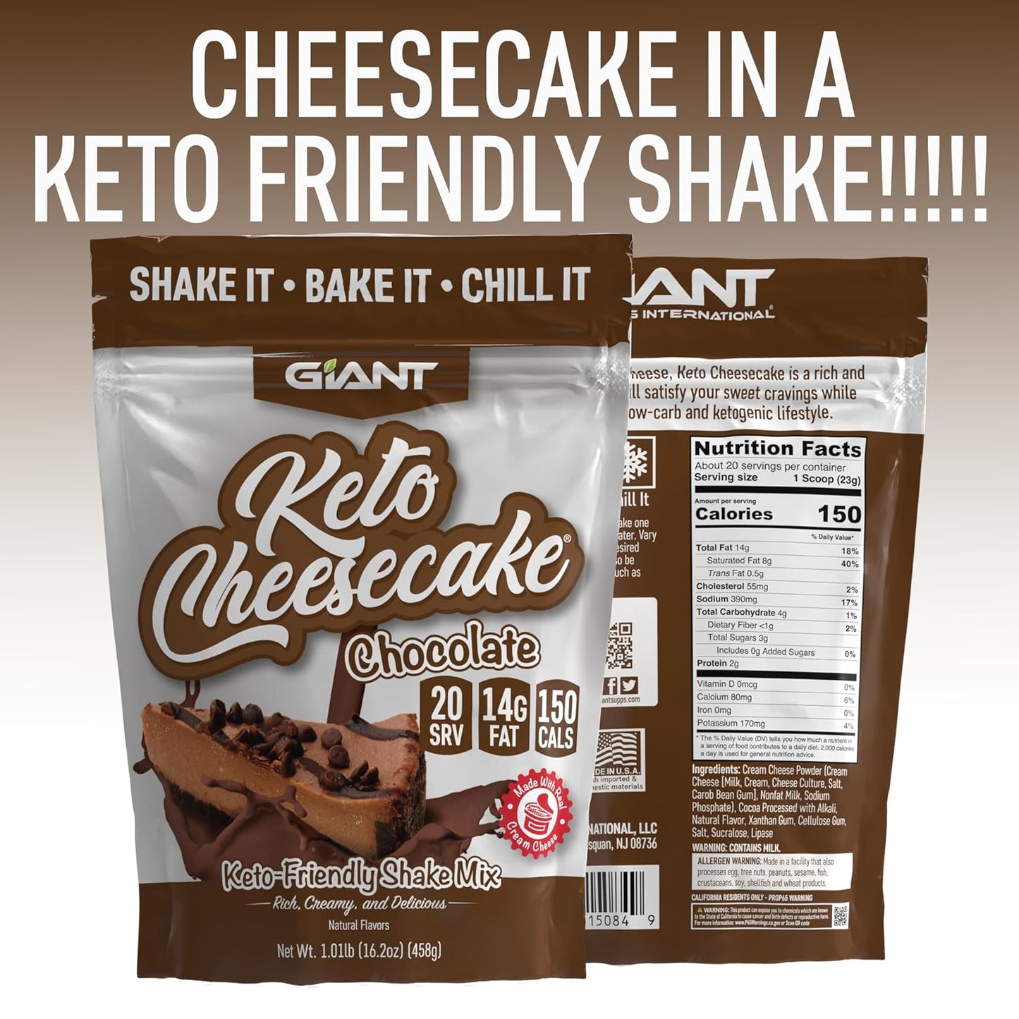 Giant Sports Keto Cheesecake Shake Mix - Delicious Low Carb, Ketogenic Diet Gluten Free Powder Mix - Works Great with Almond Milk - Chocolate (20 Serving Bag)