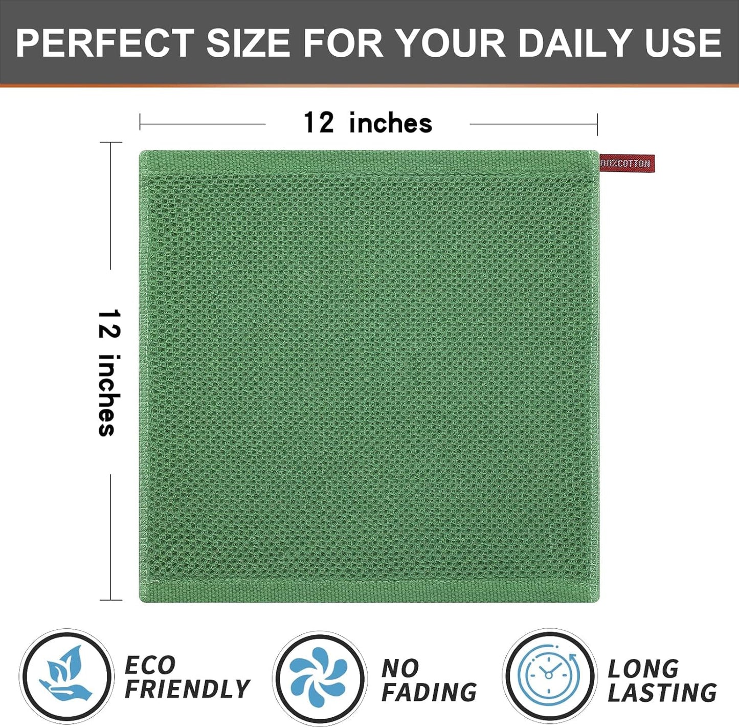 Kitinjoy 100% Cotton Kitchen Dish Cloths, 12 Pack Waffle Weave Ultra Soft Absorbent Dish Towels for Drying Dishes Quick Drying Kitchen Towels Dish Rags, 12 X 12 Inches, Grass Green