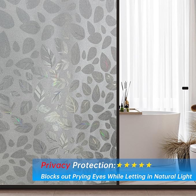 Window Privacy Film with Installation Tools, Static Cling, Anti UV, Heat Control, Ideal for Home Shower Office Glass Door (Leaf White (Glue-Free), 23.6X196.9Inch)